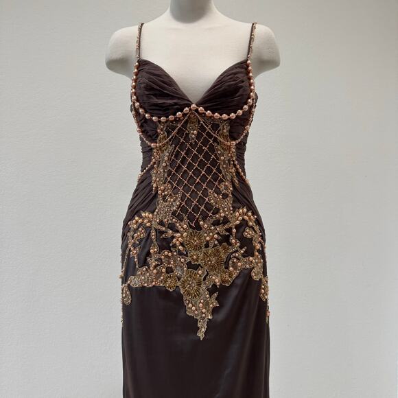 Mandalay Y2K Taupe Midi Dress with peach pearl beads, lace, sequence, sz 8 - Picture 1 of 12